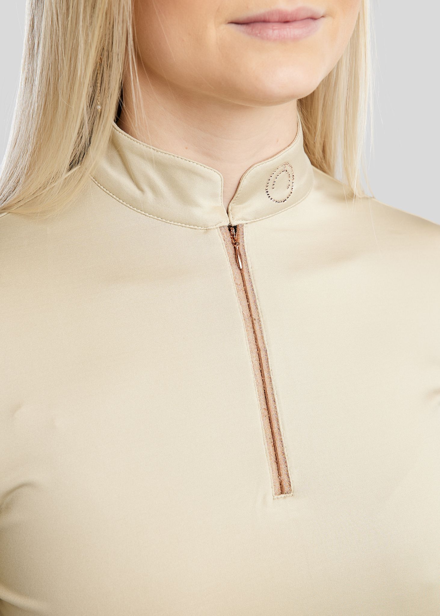 MoGlenda Long Sleeved Polo w. Rosegold Caviar Tape - Warm Grey Beige 