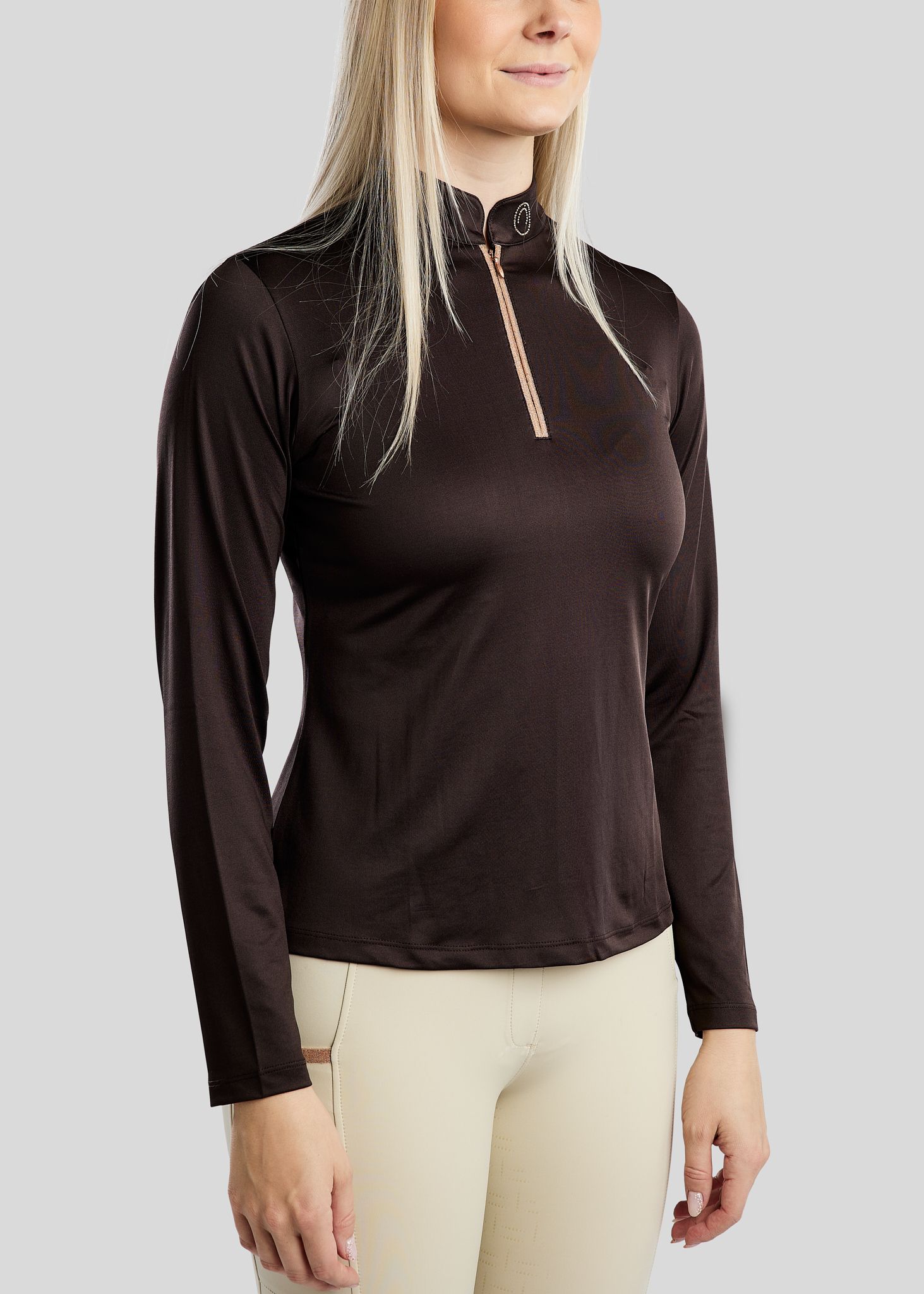 MoGlenda Long Sleeved Polo w. Rosegold Caviar Tape - Brown 