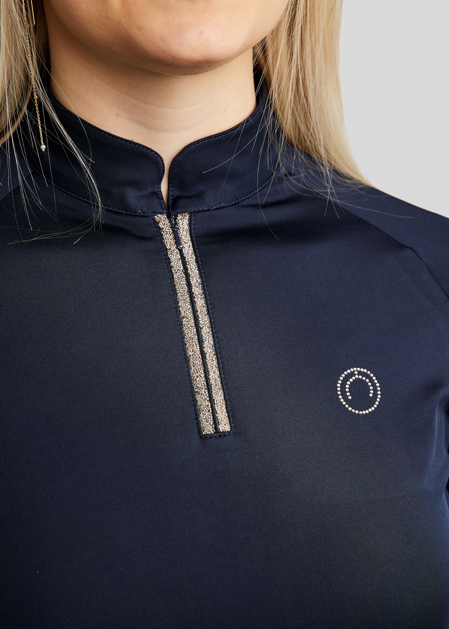 MoLila SS Polo w. Champagne Crystal Tape and Crystals - Navy