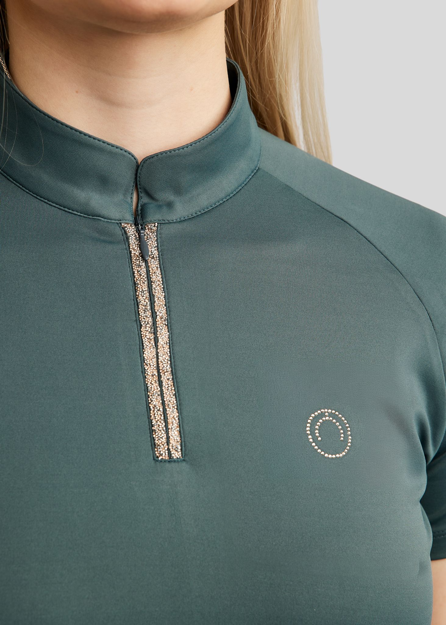 MoLila SS Polo w. Champagne Crystal Tape and Crystals - Jade