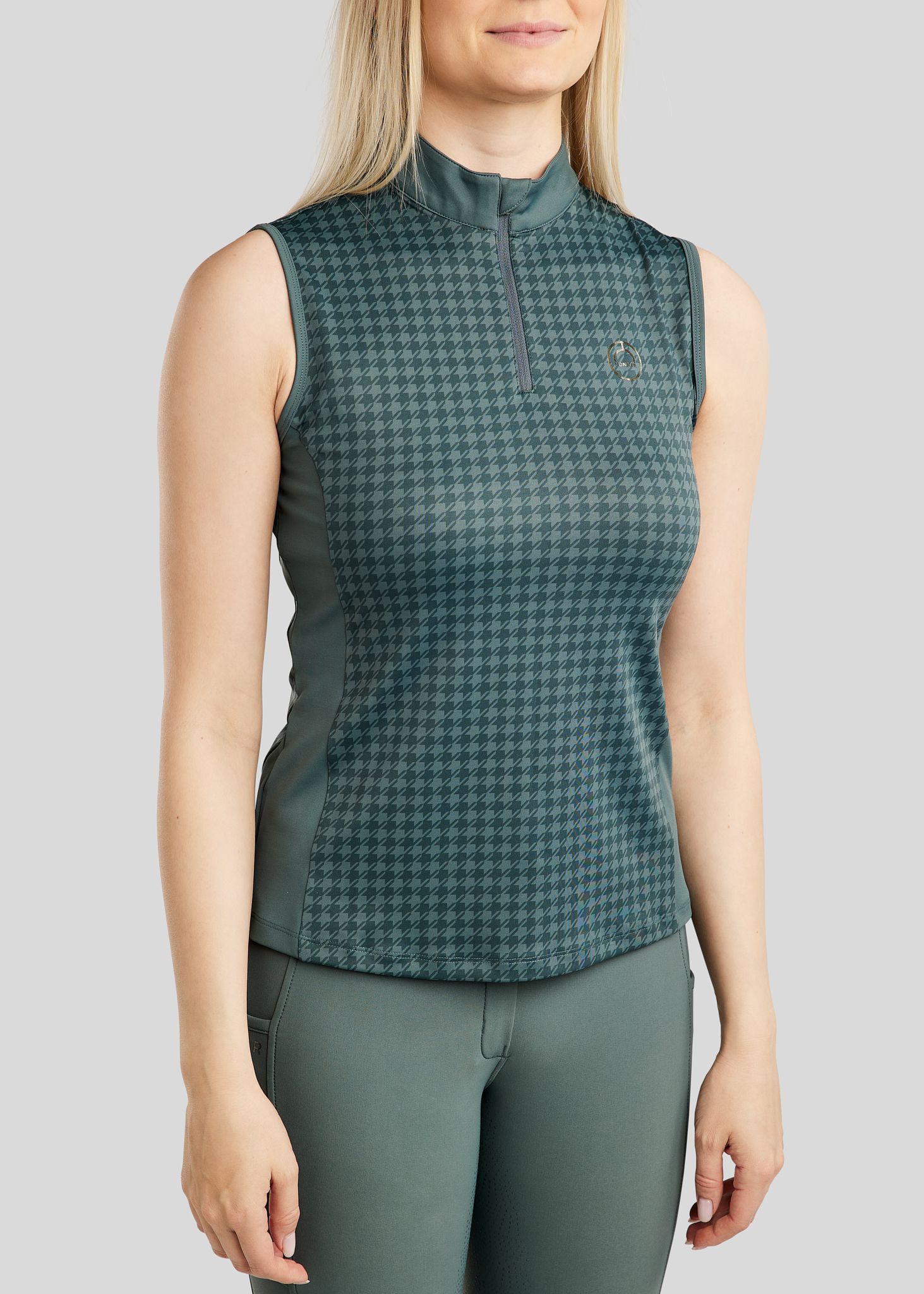MoHannah Allover Printed Houndstooth Sleeveless Polo - Jade