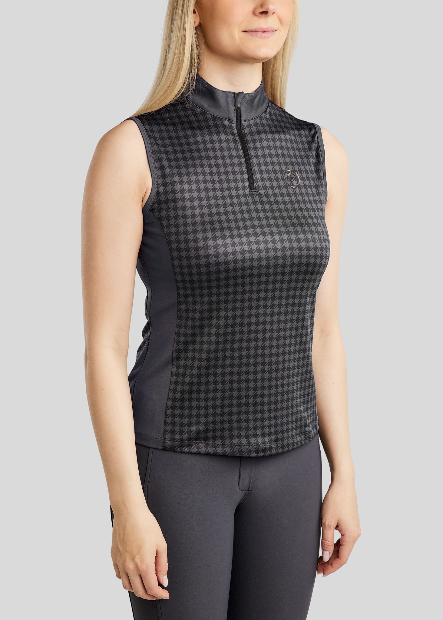 MoHannah Allover Printed Houndstooth Sleeveless Polo - Slate Grey
