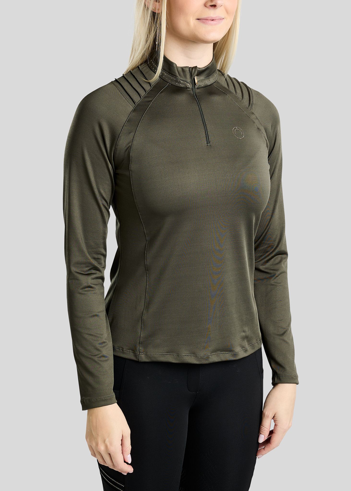 MoWilma Long Sleeved Polo w. Golden Quartz Crystals and Pintucks - Forest Green 