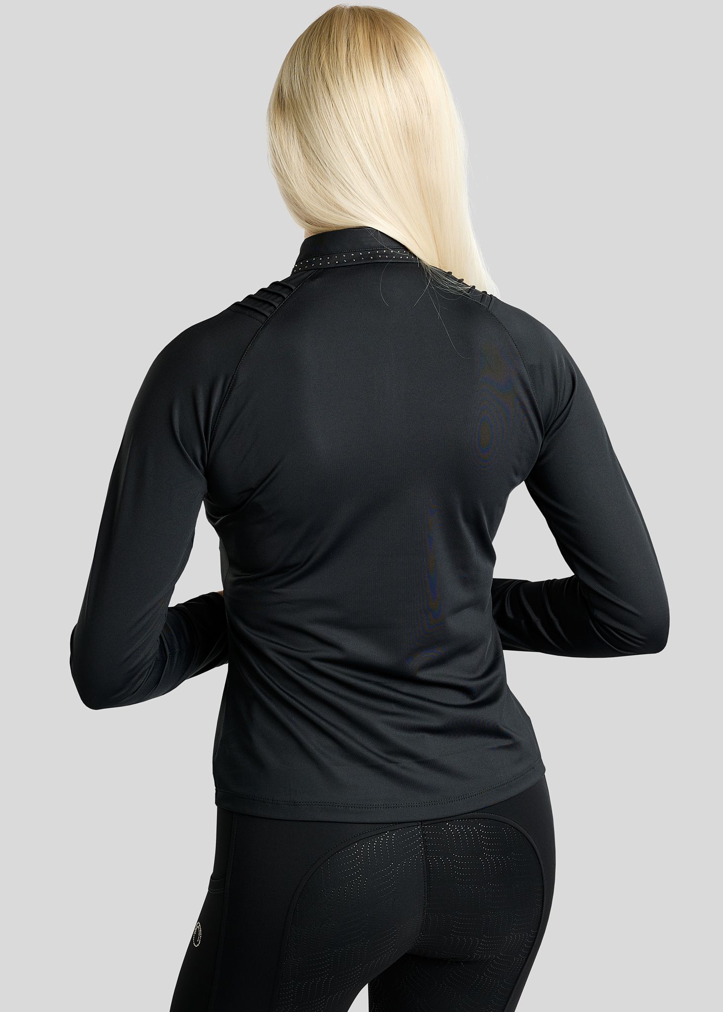 MoWilma Long Sleeved Polo w. Golden Quartz Crystals and Pintucks - Black 