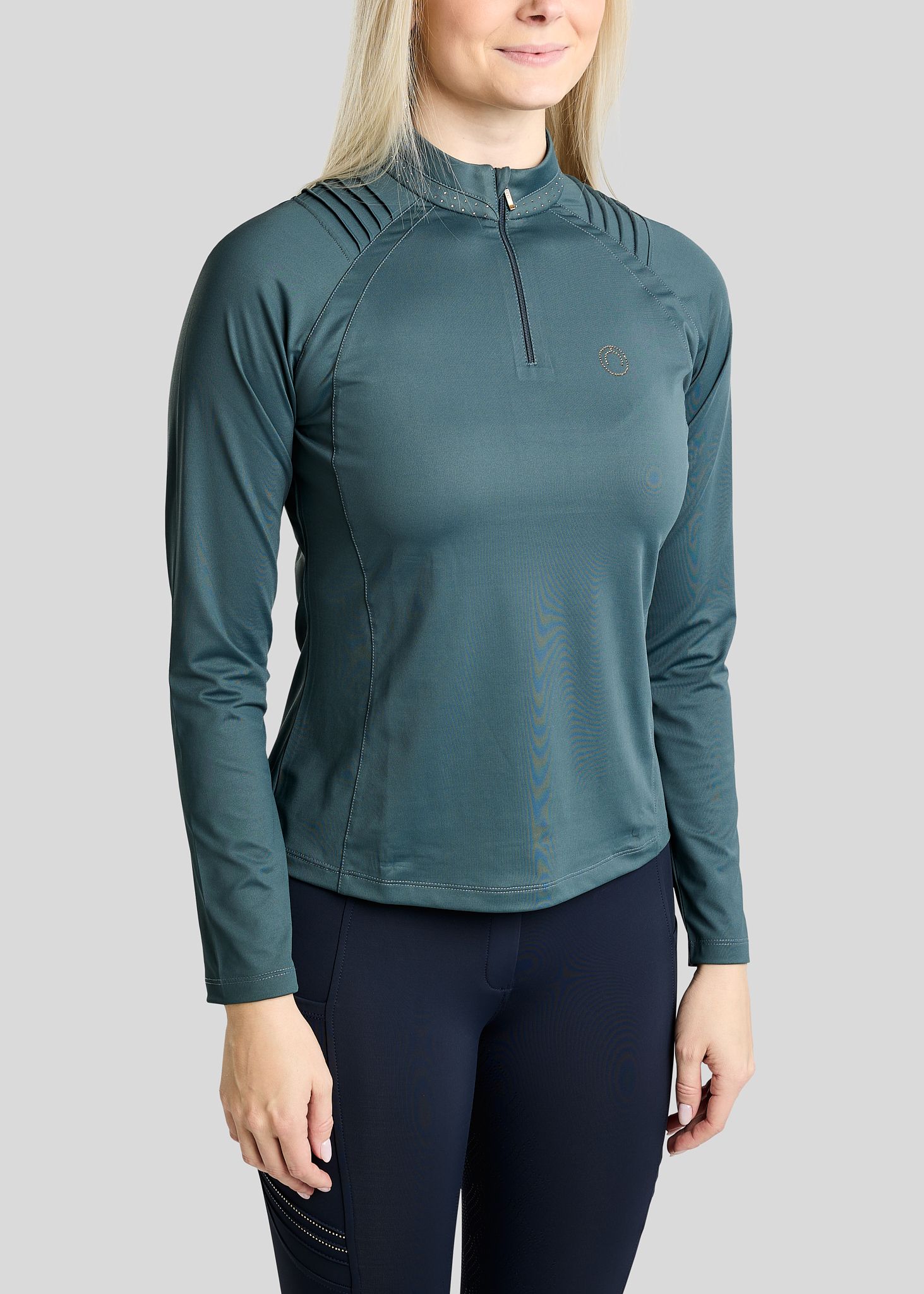 MoWilma Long Sleeved Polo w. Golden Quartz Crystals and Pintucks - Dark Slate 