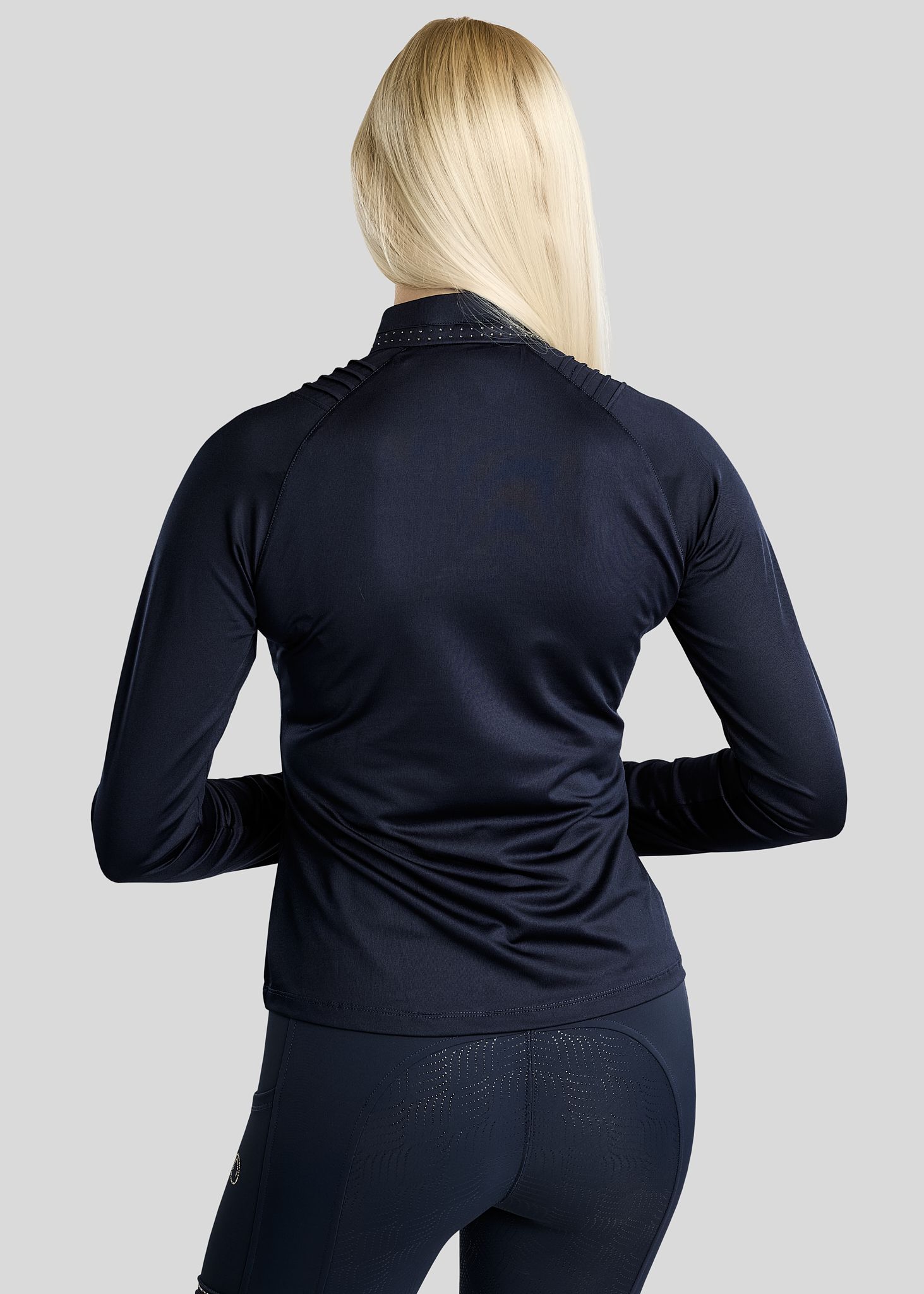 MoWilma Long Sleeved Polo w. Golden Quartz Crystals and Pintucks - Navy 