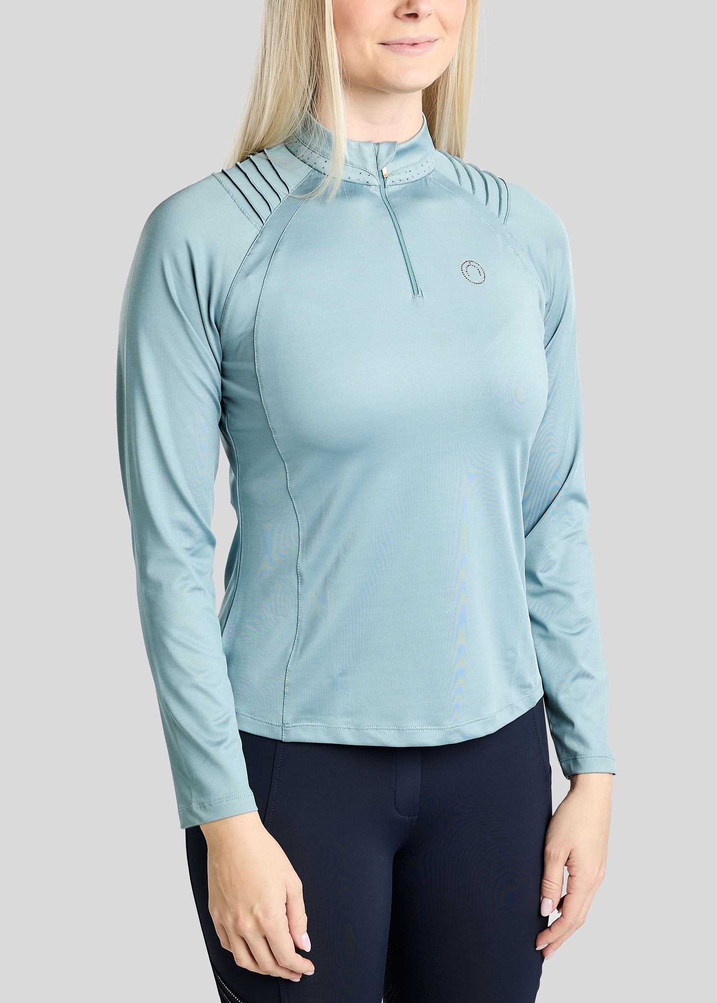 MoWilma Long Sleeved Polo w. Golden Quartz Crystals and Pintucks - Smokey Blue 