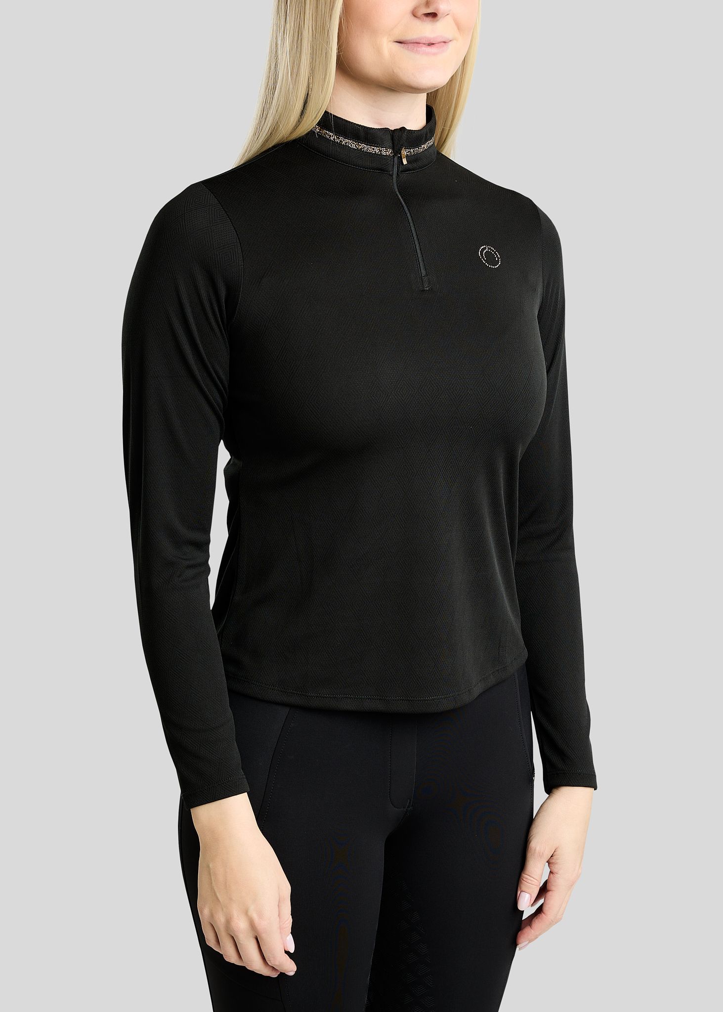 MoEkta Long Sleeved Jacquard Polo w. Golden Quartz Crystal Tape - Black 