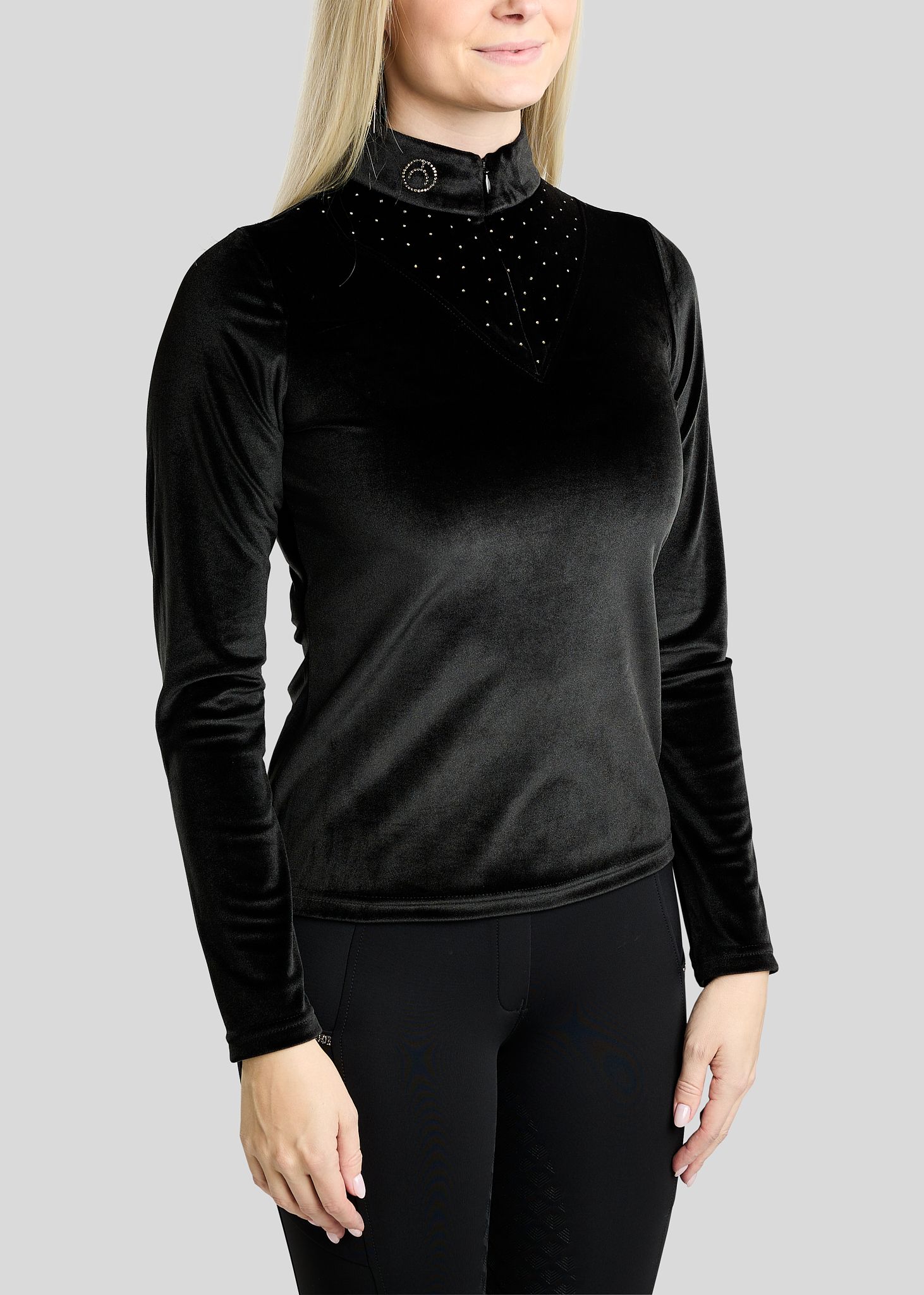 MoValerie Long Sleeved Velvet Polo w. Golden Quartz Crystals - Black 