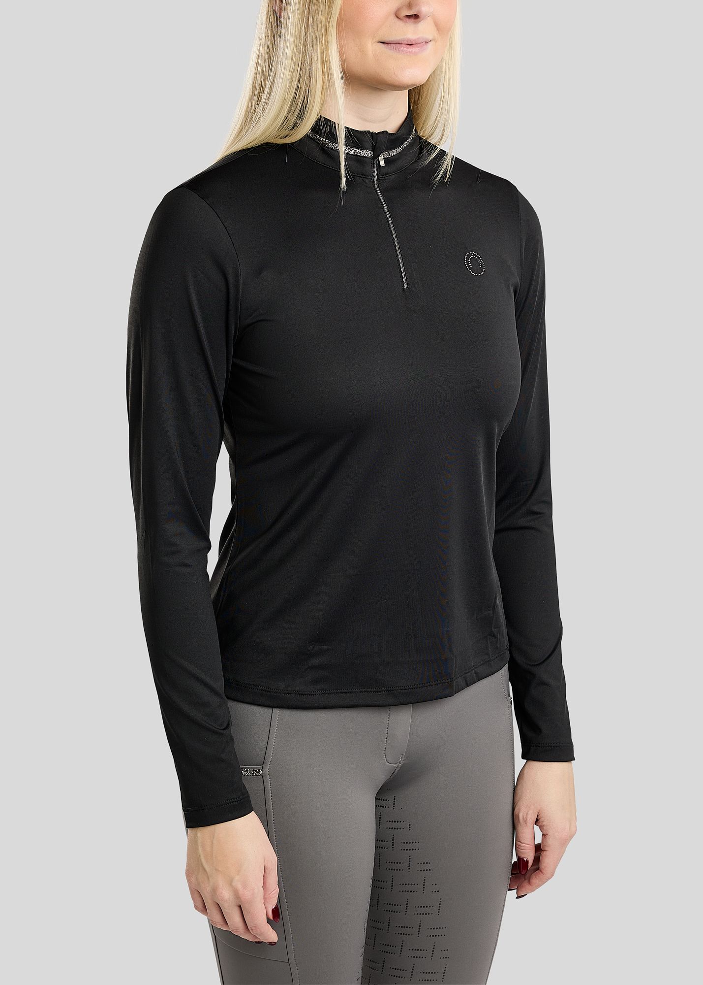 MoMaisy Long Sleeved Polo w. Gun Metal Crystal Tape and Crystal Logo - Black 