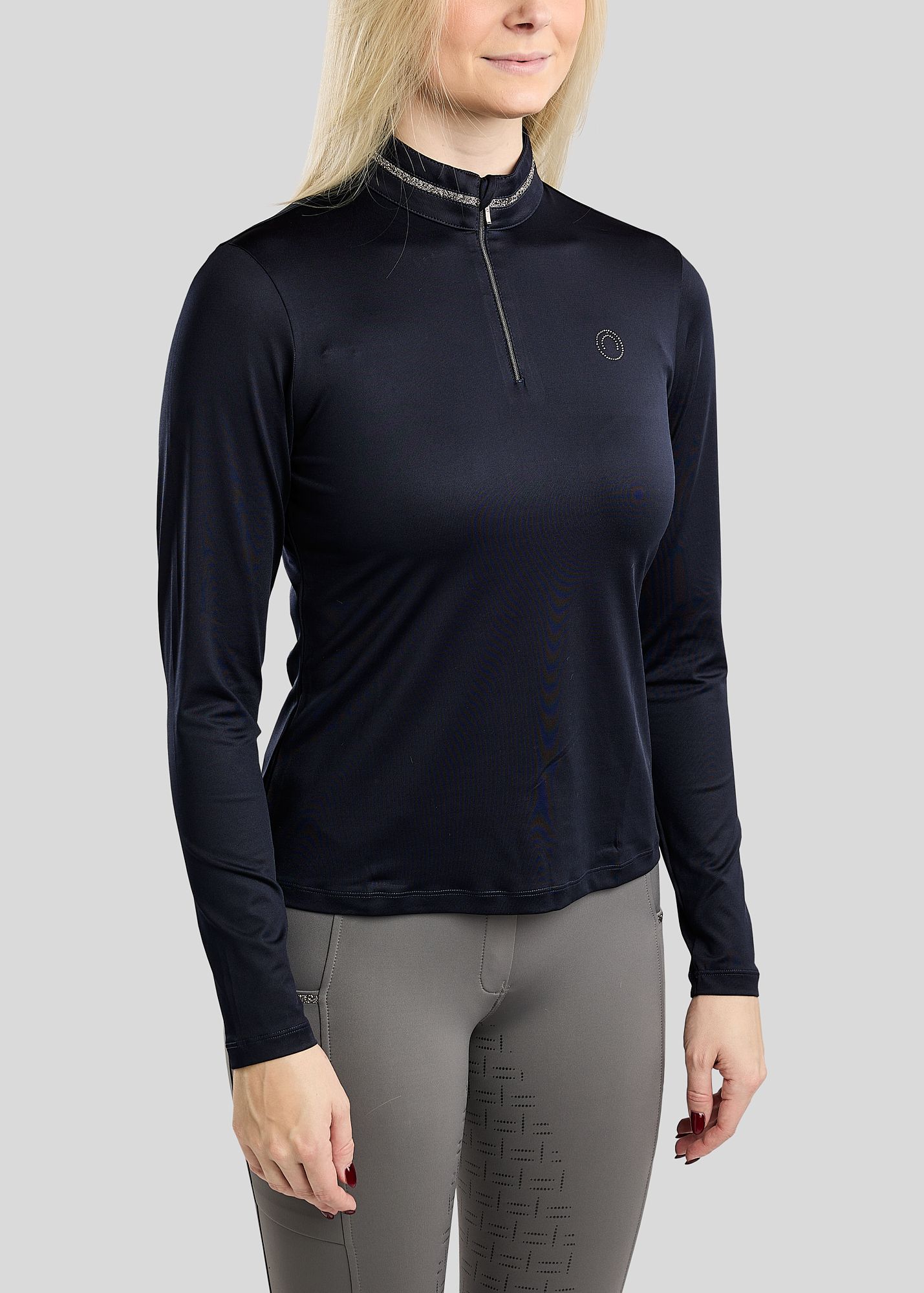 MoMaisy Long Sleeved Polo w. Gun Metal Crystal Tape and Crystal Logo - Navy 