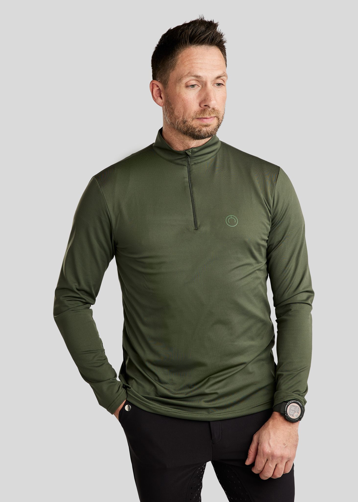 MoEric Langærmet Herre Børstet Polo m. Lynlås - Olive