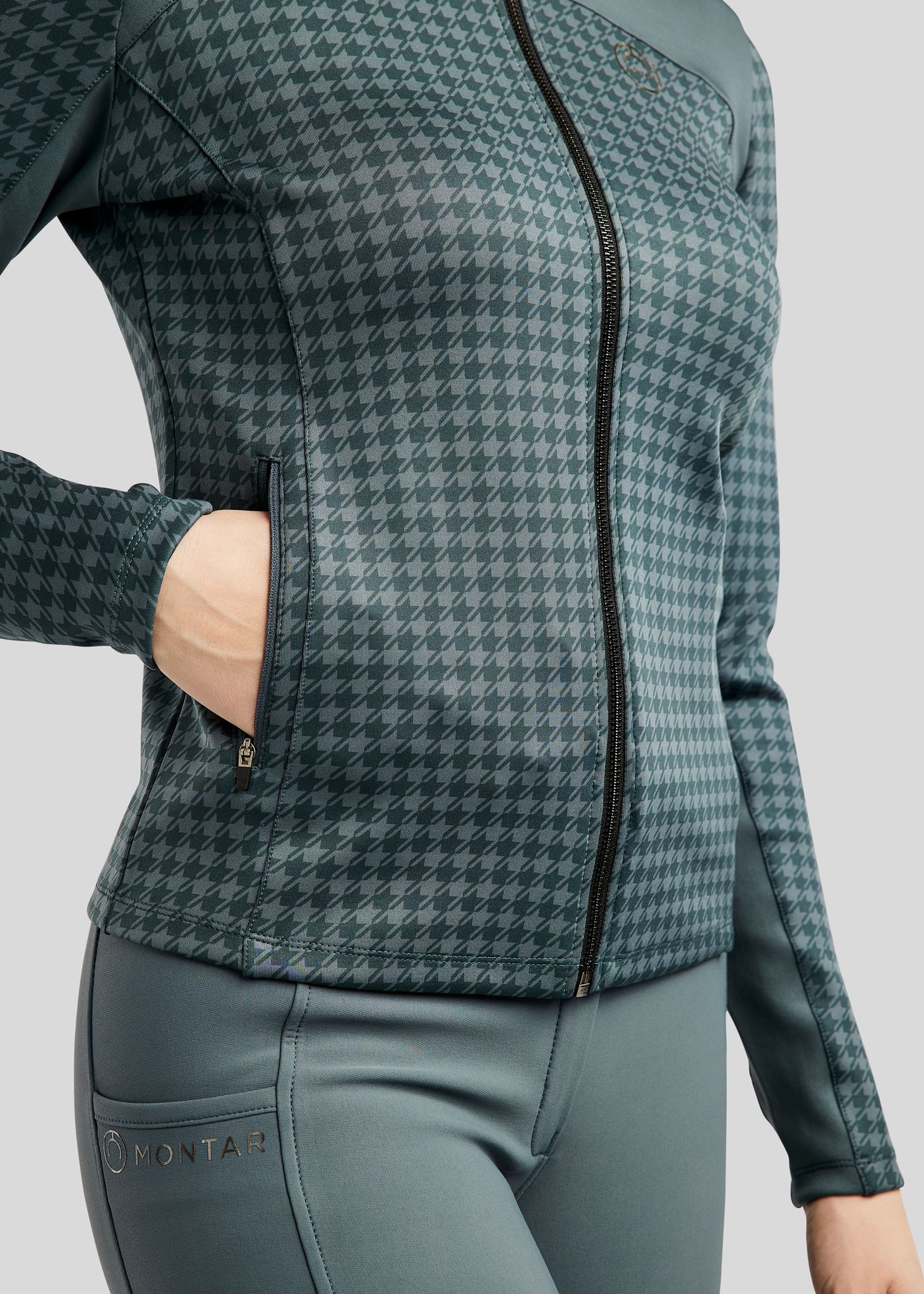 MoHannah Allover Printed Houndtooth Full Zip Jacket - Jade