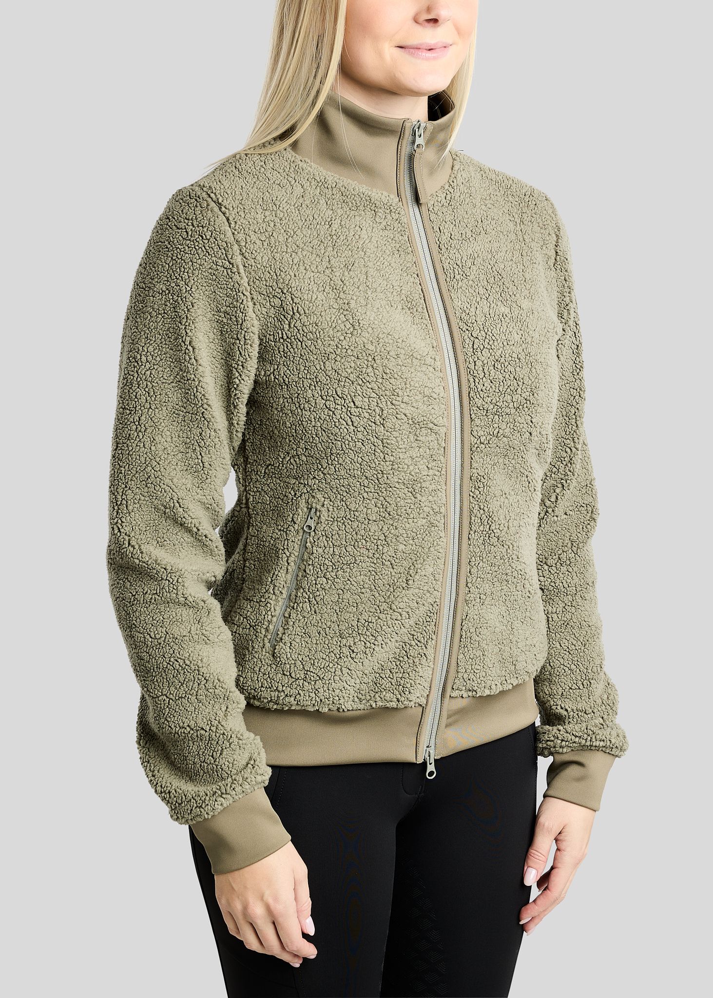 MoEbba Teddy Pile Full Zip Jacket w. Golden Quartz Crystal Tape - Dusty Green 